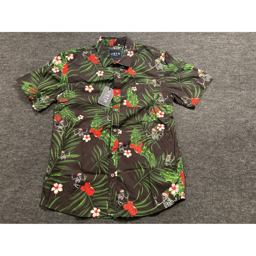 VSTR Button Down Shirt Mens Large Black New Tropical Skeleton Christmas Holiday